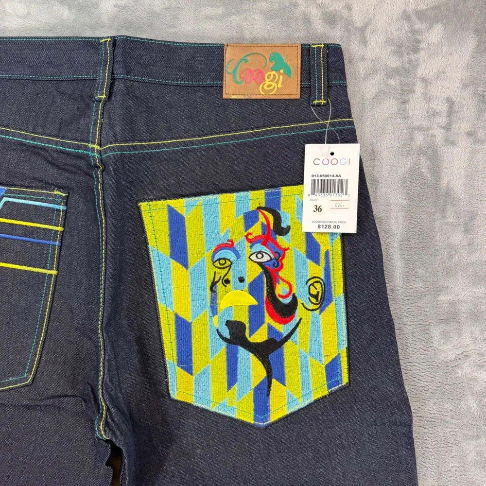 Vintage COOGI Embroidered Straight Jeans Men's 36x34 Dark Blue Denim Pants NEW